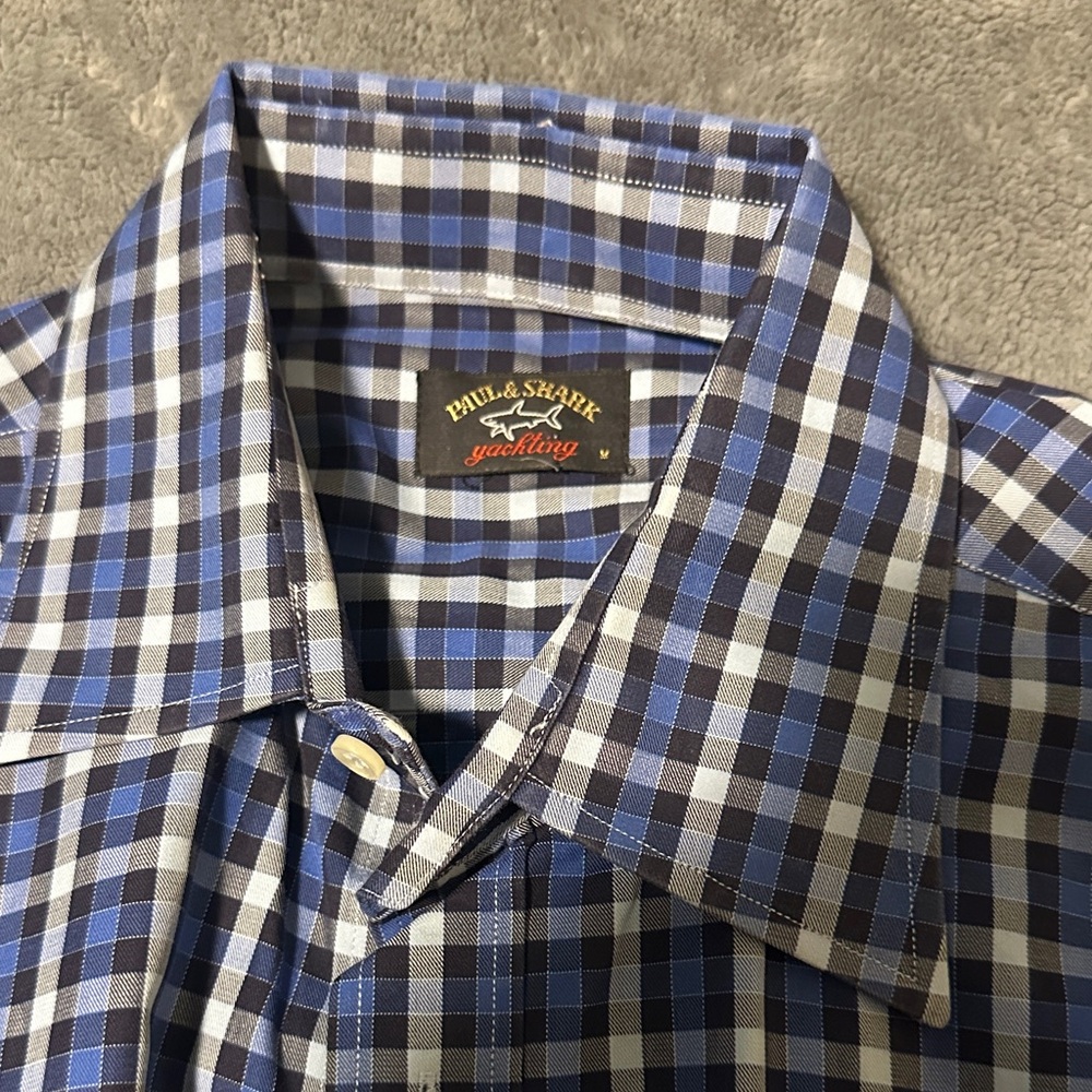 Paul Shark Men's Navy and White Plaid Shirt